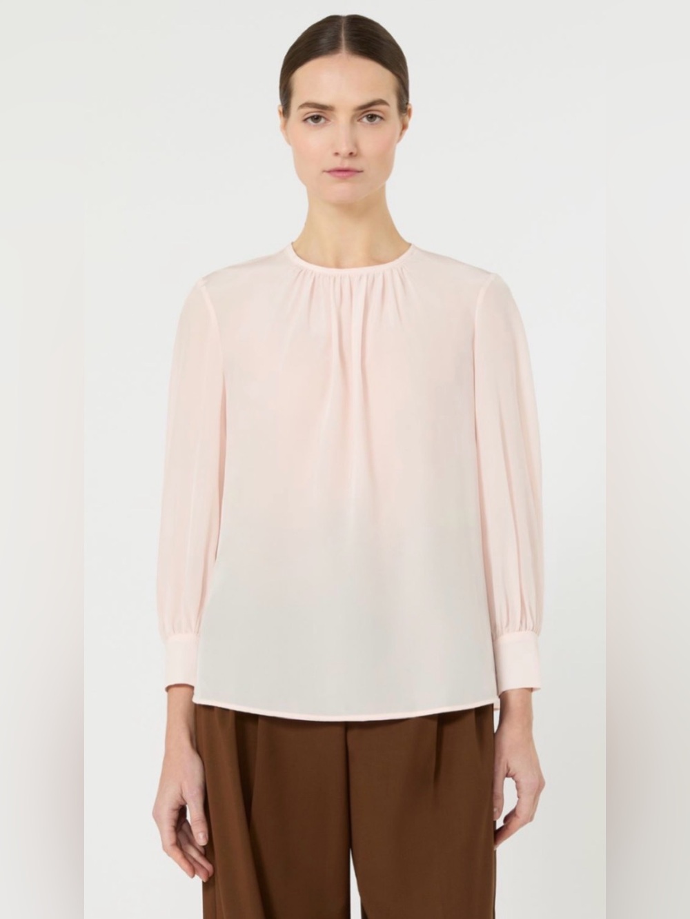 MaxMara 100% Silk Pale Pink Pleated-Neck Long Sleeve Blouse